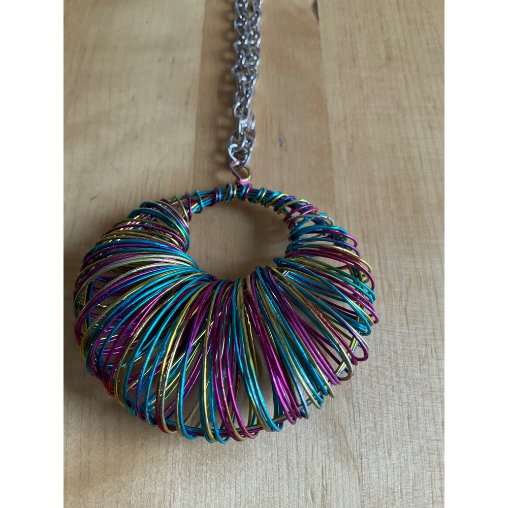 Multi Color Wire Wrapped Hoop Statement Necklace Silver Tone Link Chain Large